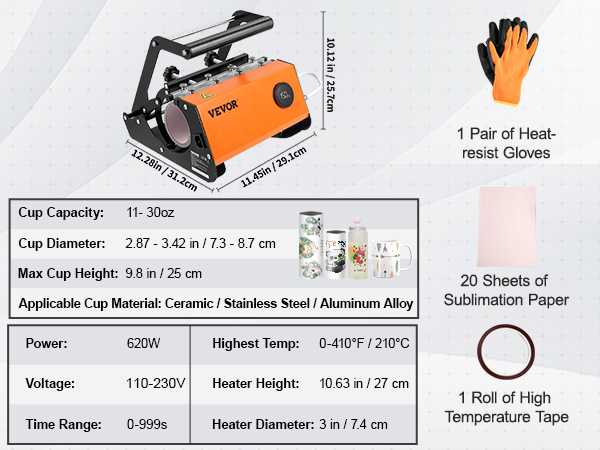VEVOR tumbler heat press with gloves, sublimation paper, tape, and detailed specs for cup capacity and dimensions.
