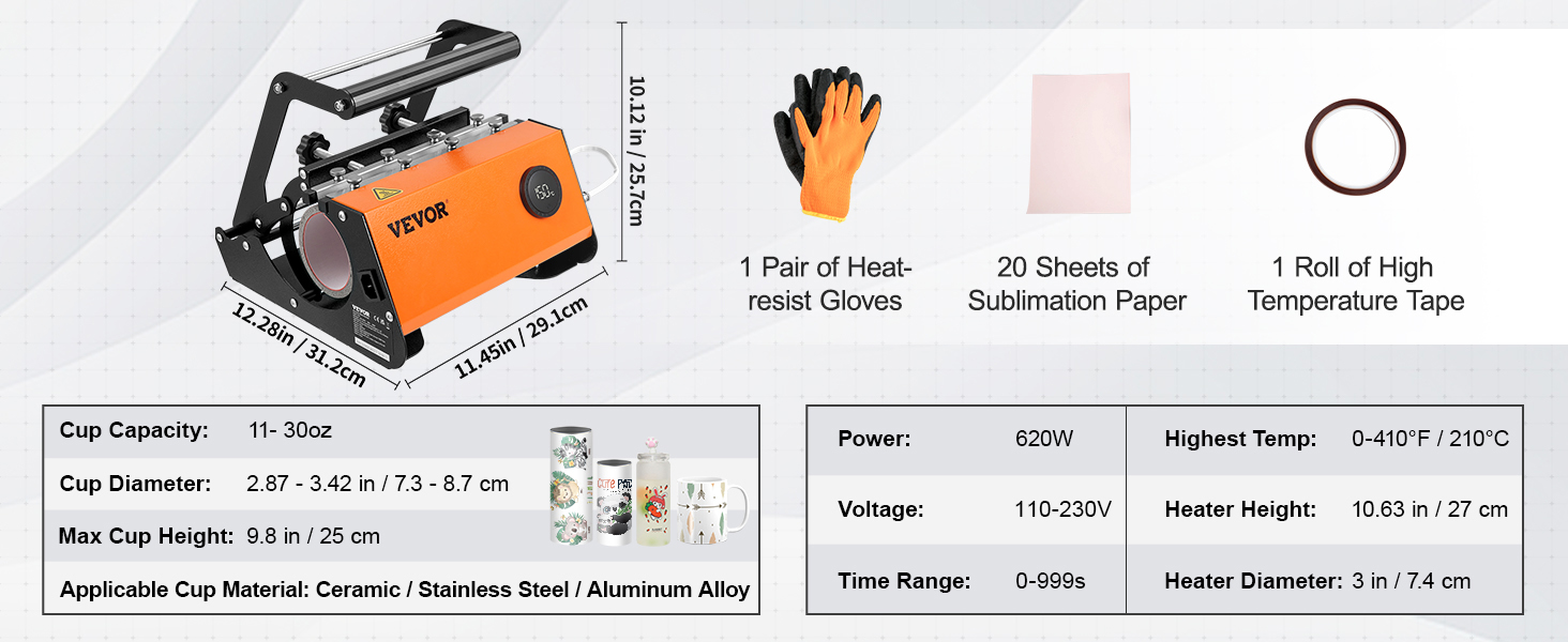 VEVOR tumbler heat press with gloves, sublimation paper, tape, and detailed specs for cup capacity and dimensions.