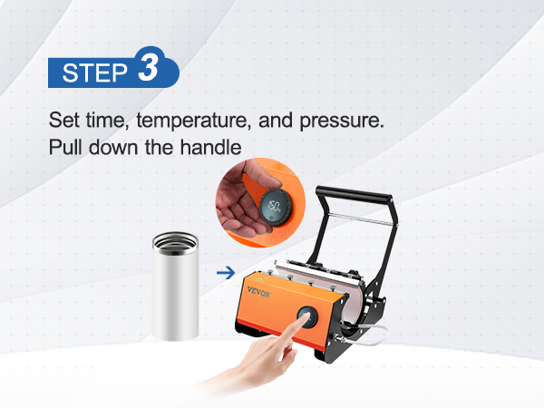 3 žingsnis procesą su VEVOR masažuoklis šilumos spauda: įterpti masažuoklis, laiko, temperatūros ir slėgio.