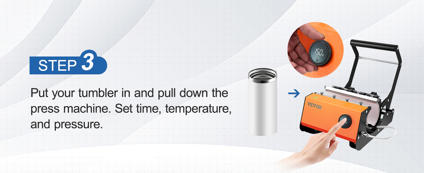 3 žingsnis procesą su VEVOR masažuoklis šilumos spauda: įterpti masažuoklis, laiko, temperatūros ir slėgio.
