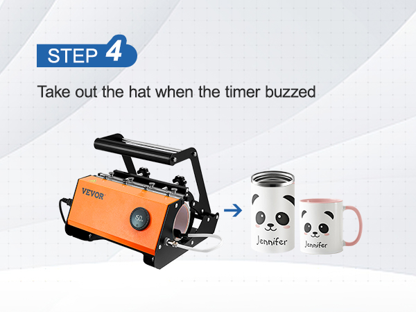 VEVOR masažuoklis šilumos spaudos pamoka 4 žingsnis: pašalinti masažuoklis, kai laikmatis buzzes; masažuoklis papuoštas ir puodelis.