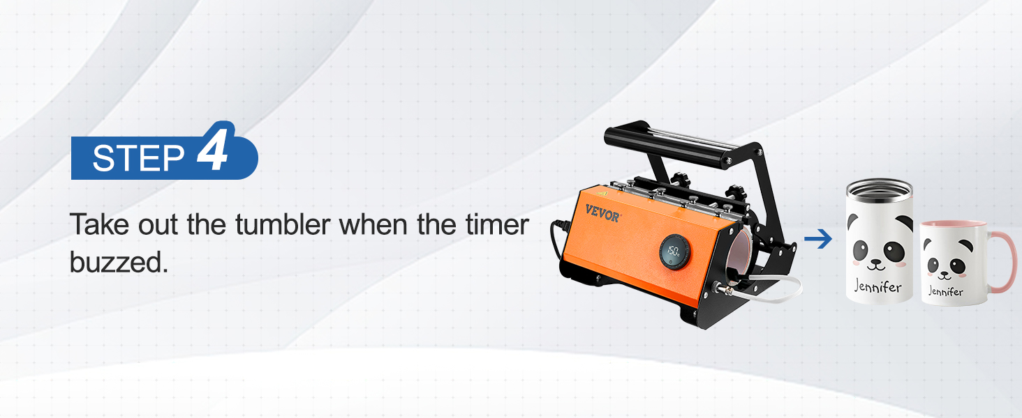VEVOR masažuoklis šilumos spaudos pamoka 4 žingsnis: pašalinti masažuoklis, kai laikmatis buzzes; masažuoklis papuoštas ir puodelis.