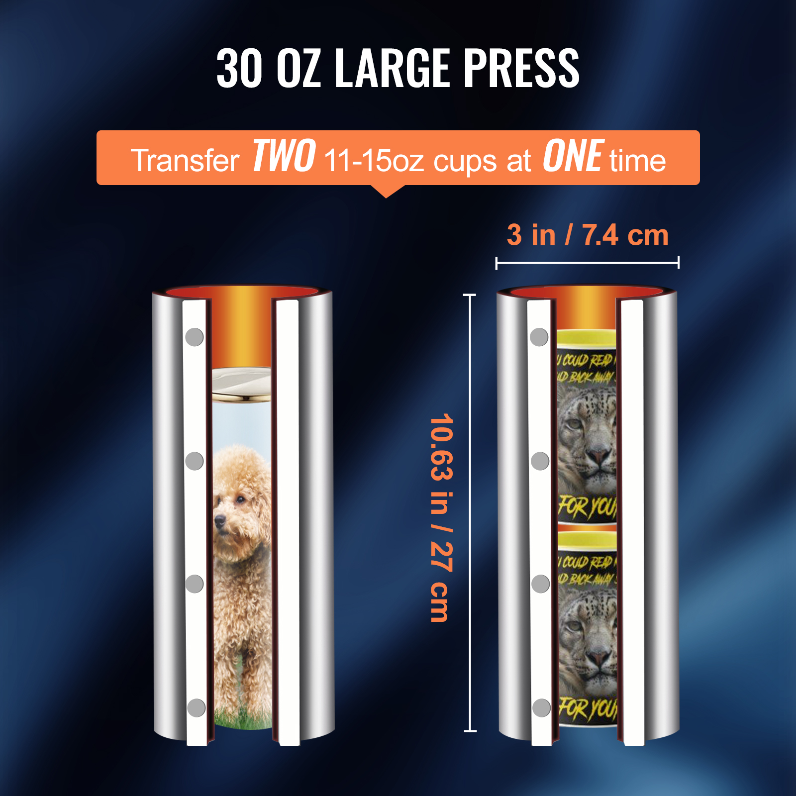 VEVOR tumbler heat press, 30 oz capacity, transfers two 11-15 oz cups at once, dimensions labeled.