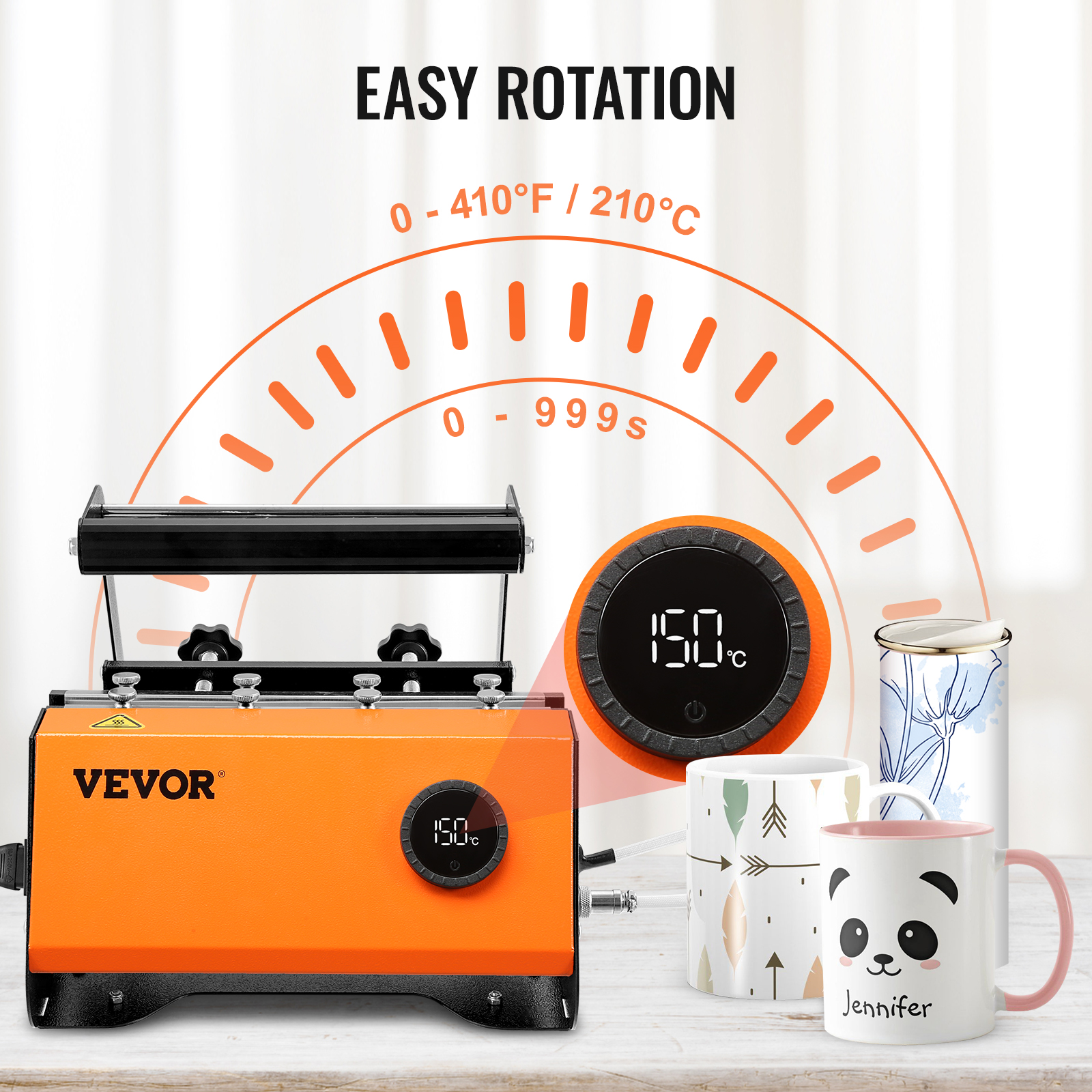 VEVOR tumbler heat press displaying temperature and time settings with various custom-printed mugs nearby.