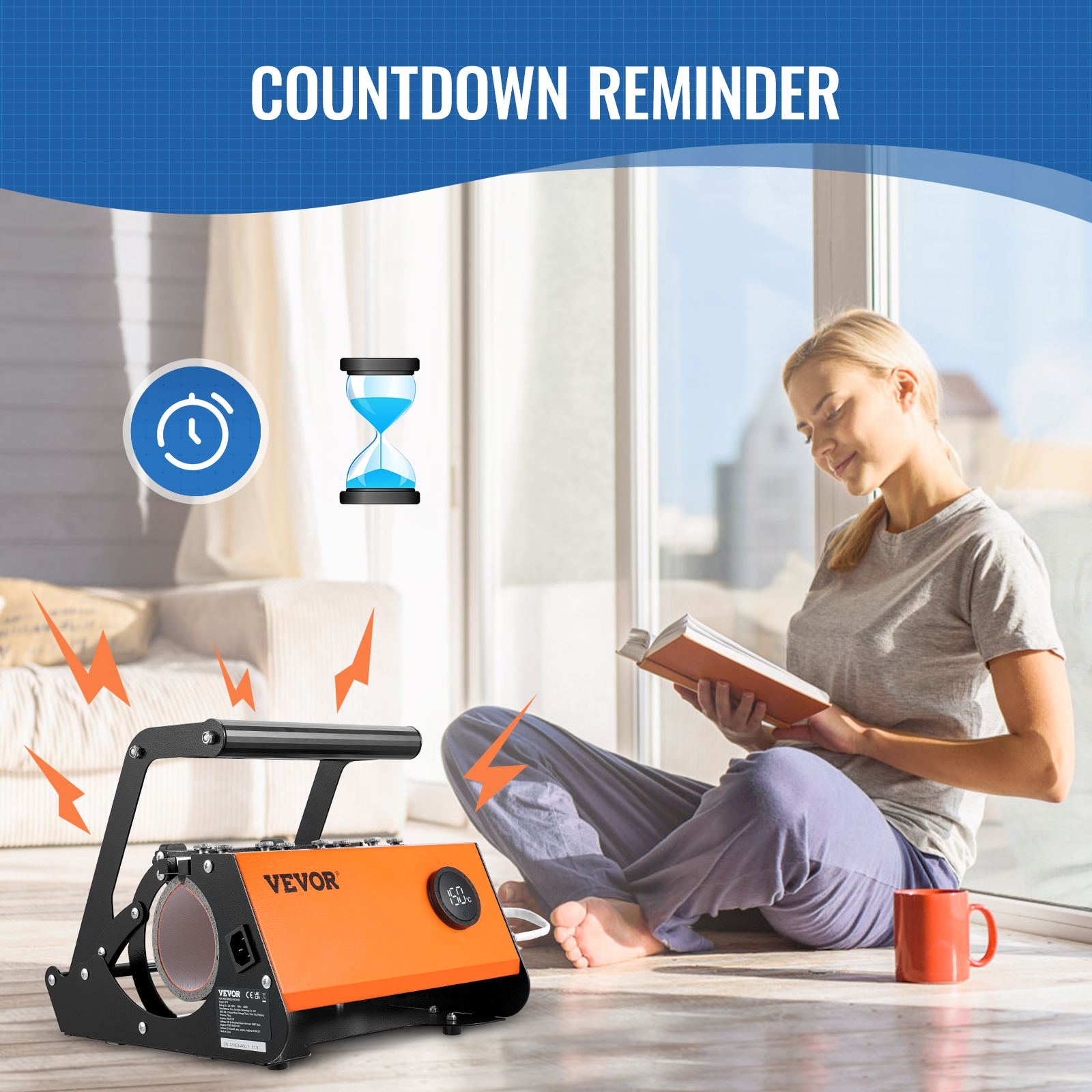 VEVOR tumbler heat press with countdown reminder icon, woman reading by window, orange mug nearby.