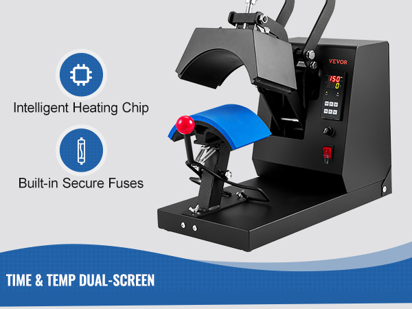 VEVOR hat heat press with intelligent heating chip, built-in secure fuses, and dual-screen display.