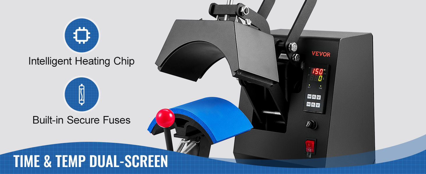 VEVOR hat heat press with intelligent heating chip, built-in secure fuses, and dual-screen display.