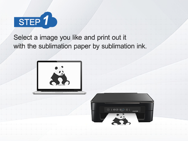 step 1: print selected image of a panda using sublimation paper and ink from a printer connected to a laptop.