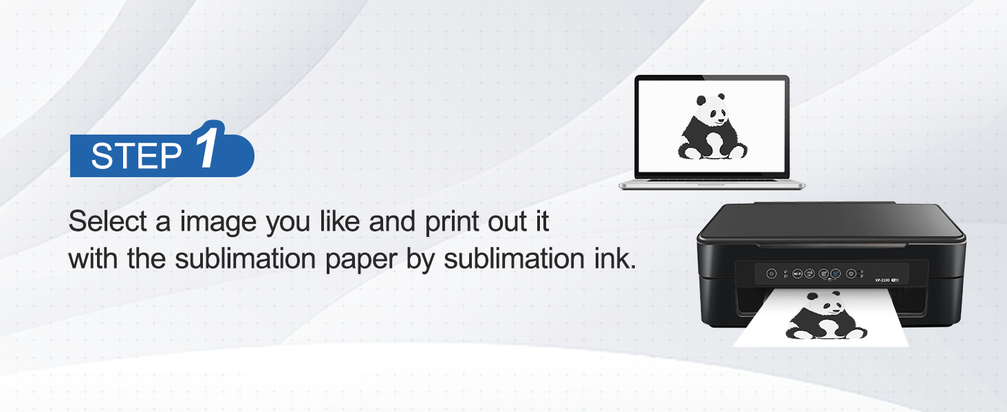 step 1: print selected image of a panda using sublimation paper and ink from a printer connected to a laptop.