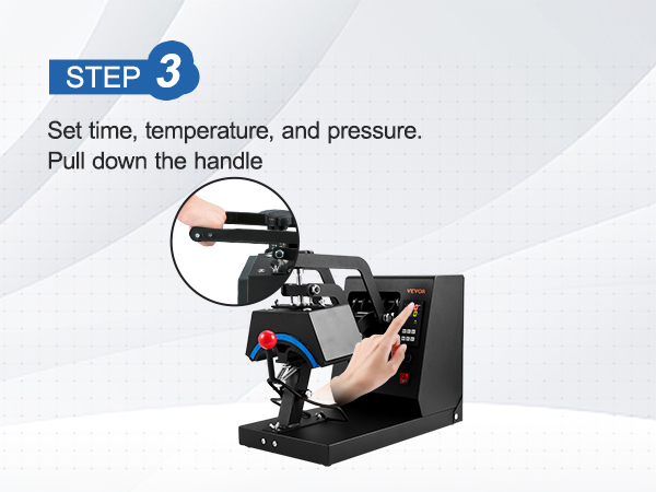 VEVOR hat heat press instructions: set time, temperature, pressure, and pull down the handle.