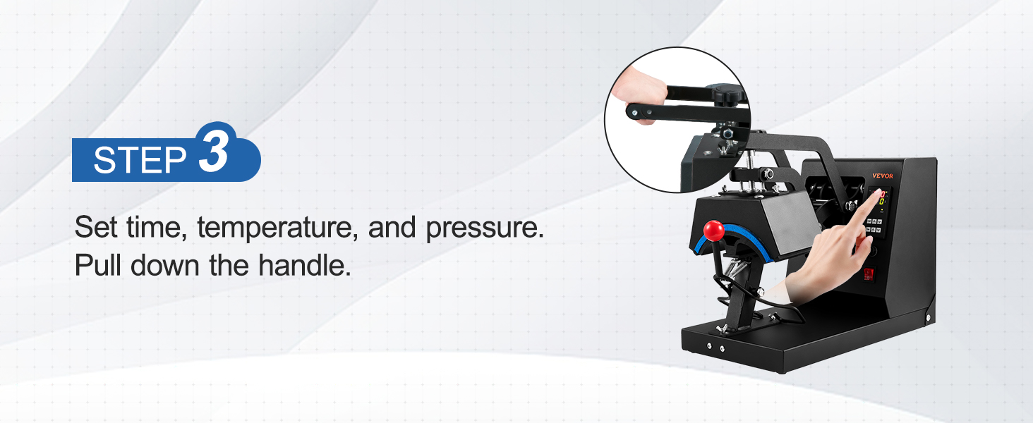 VEVOR hat heat press instructions: set time, temperature, pressure, and pull down the handle.