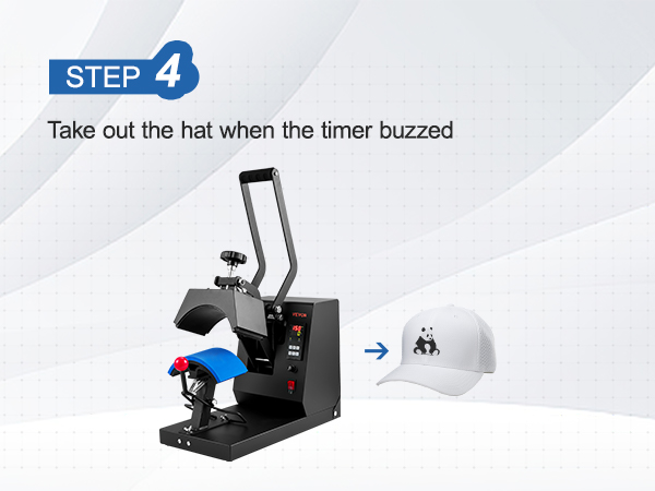 step 4 instruction for VEVOR hat heat press with a finished white hat featuring a black logo.