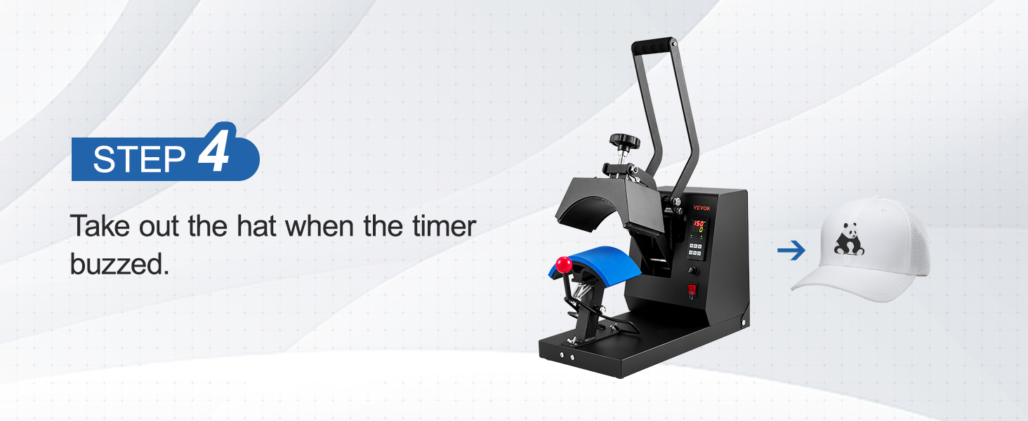step 4 instruction for VEVOR hat heat press with a finished white hat featuring a black logo.