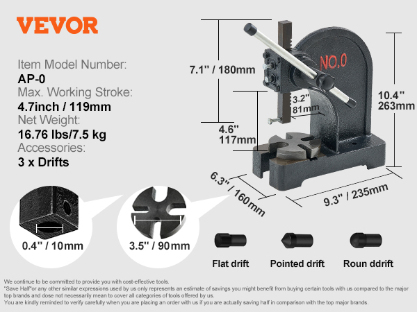 VEVOR arbor press ap-0, 4.6-inch stroke, 16.76 lbs, 3 drifts, and dimensions shown.