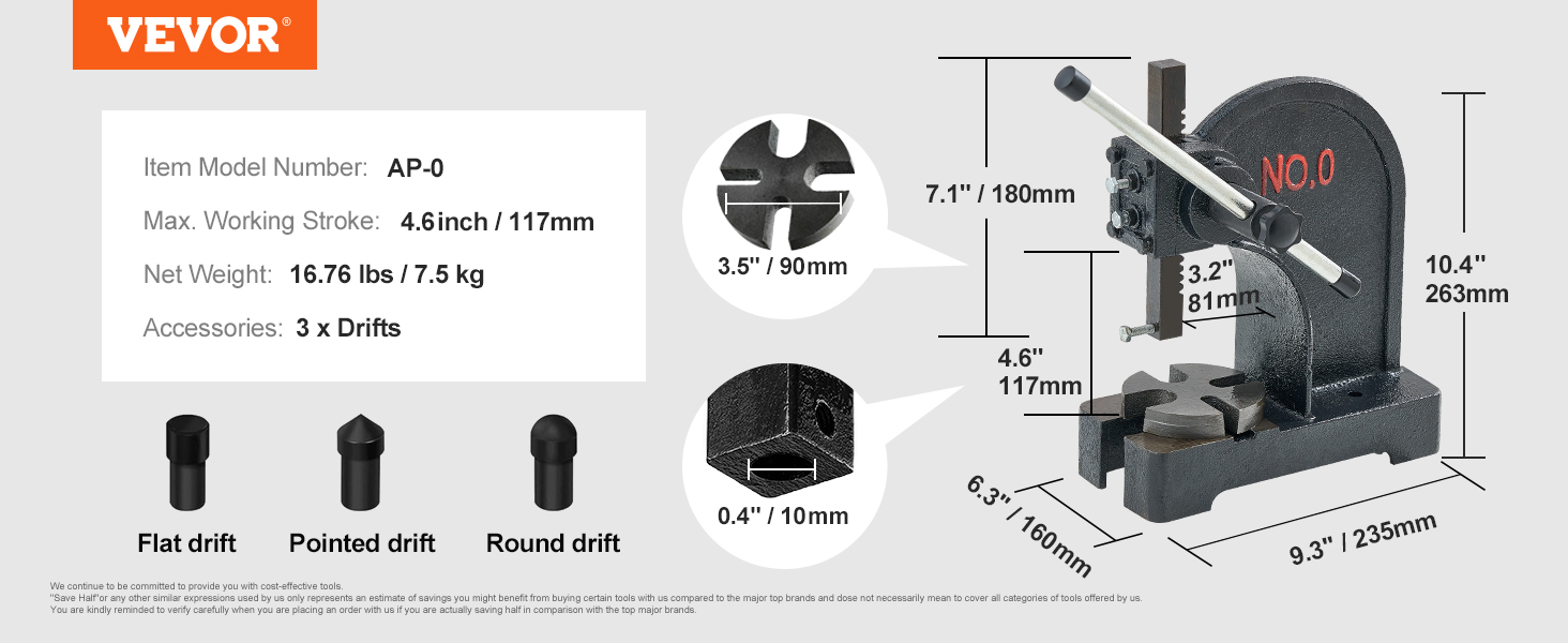 VEVOR arbor press ap-0, 4.6-inch stroke, 16.76 lbs, 3 drifts, and dimensions shown.
