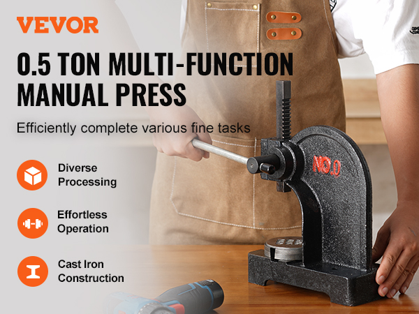 VEVOR arbor press 0.5 ton multi-function manual press in use on a wooden table.