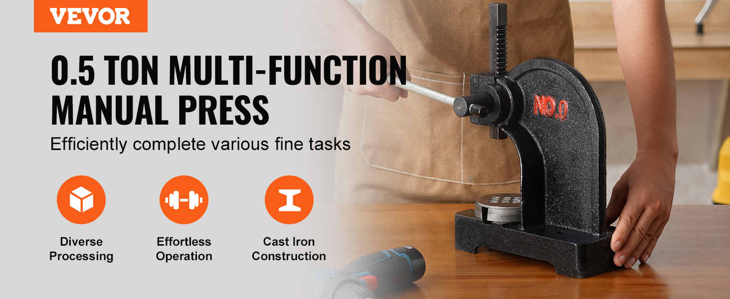 VEVOR arbor press 0.5 ton multi-function manual press in use on a wooden table.