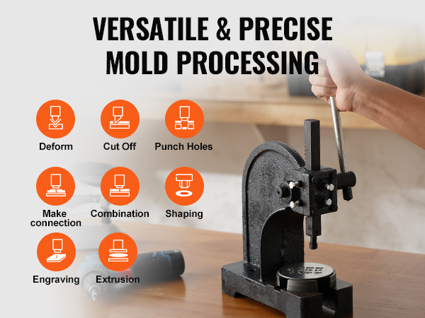 VEVOR arbor press for versatile and precise mold processing: deform, cut off, punch holes, engrave.