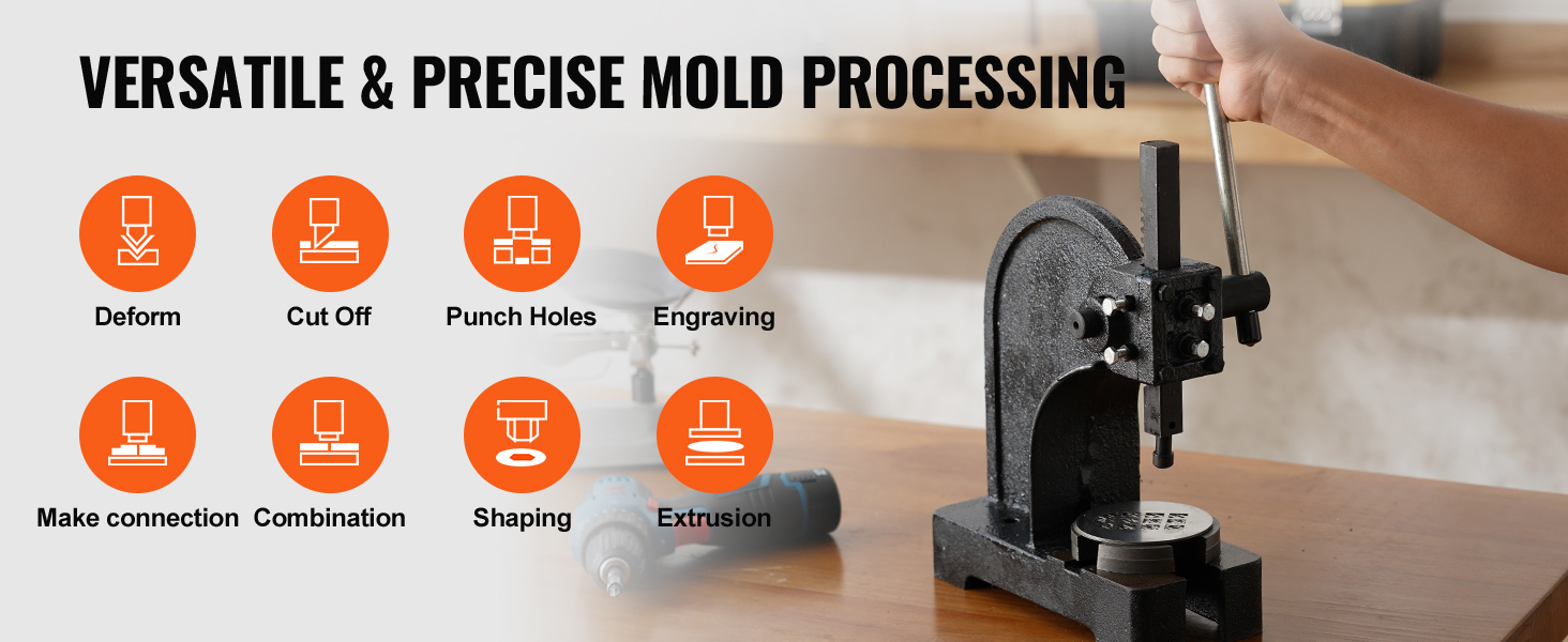 VEVOR arbor press for versatile and precise mold processing: deform, cut off, punch holes, engrave.