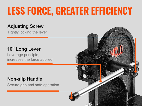 VEVOR arbor press with 10" long lever, adjusting screw, and non-slip handle for greater efficiency.