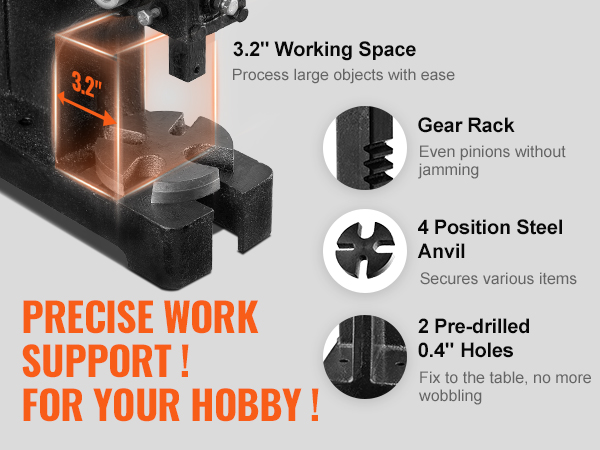 VEVOR arbor press with 3.2" working space, gear rack, and 4-position steel anvil for precise work support.
