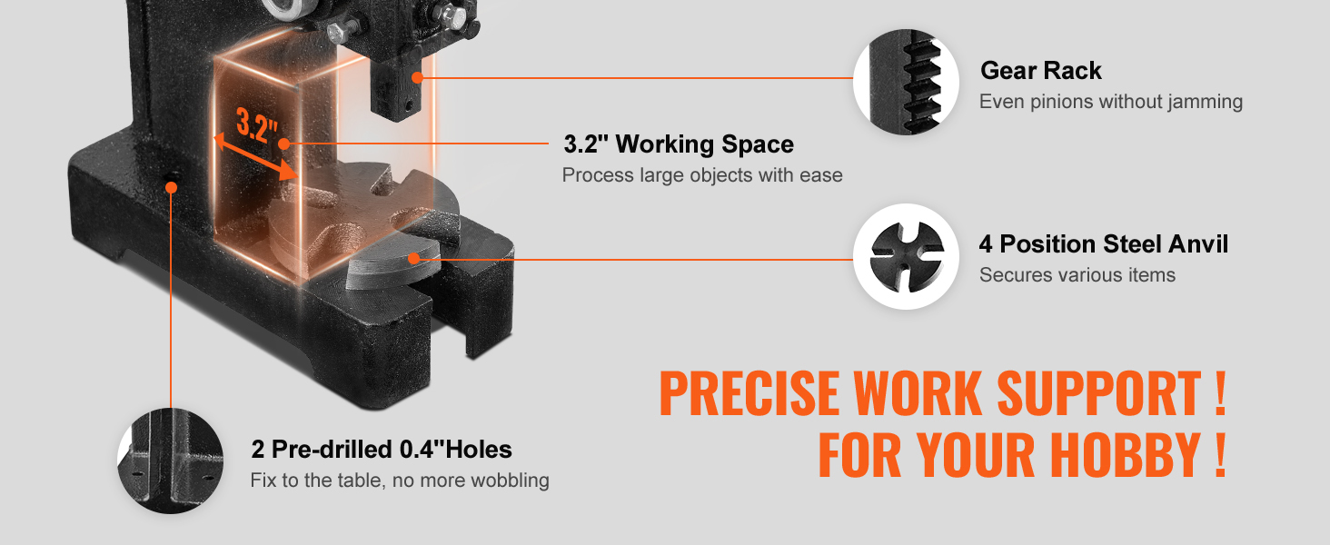 VEVOR arbor press with 3.2" working space, gear rack, and 4-position steel anvil for precise work support.