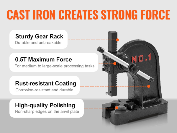VEVOR arbor press with cast iron, 0.5t force, sturdy gear rack, rust-resistant coating, high-quality polishing.