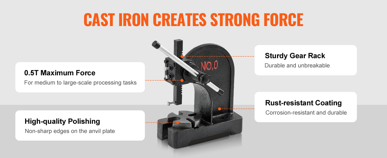 VEVOR arbor press with cast iron, 0.5t force, sturdy gear rack, rust-resistant coating, high-quality polishing.