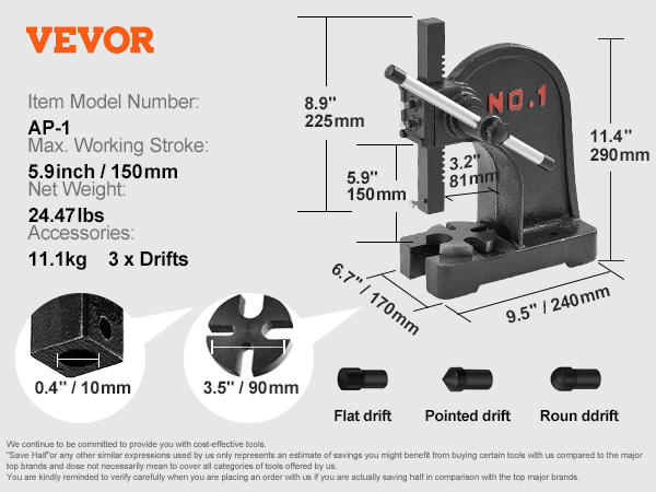 VEVOR arbor press ap-1 specs: 5.9-inch stroke, 24.47lbs, 3 drifts. dimensions and accessories shown.