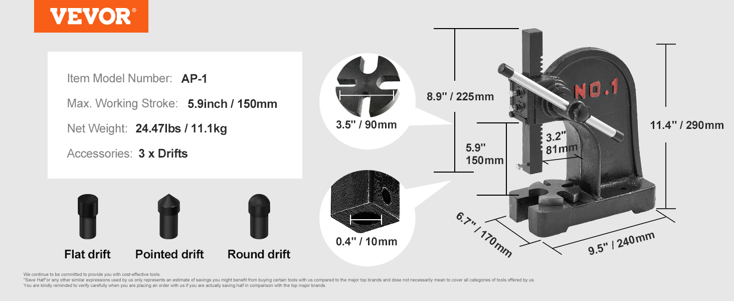 VEVOR arbor press ap-1 specs: 5.9-inch stroke, 24.47lbs, 3 drifts. dimensions and accessories shown.