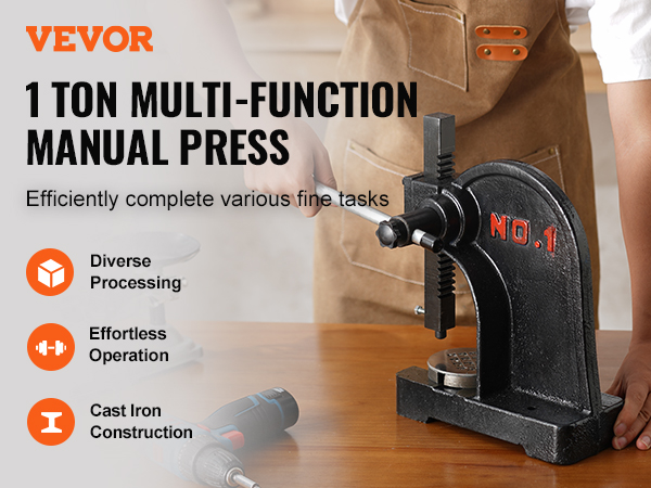 VEVOR arbor press, 1-ton manual press for diverse processing and effortless operation, cast iron construction.