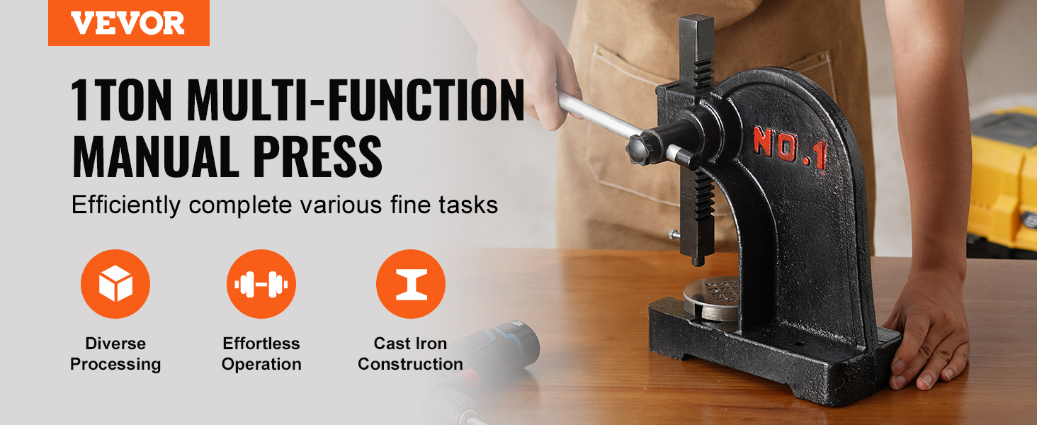 VEVOR arbor press, 1-ton manual press for diverse processing and effortless operation, cast iron construction.