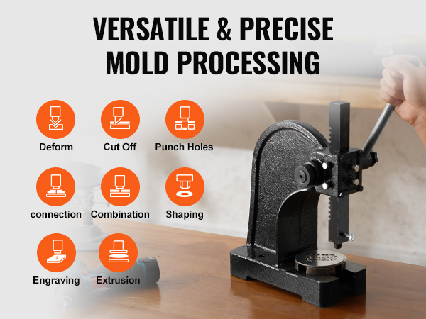 VEVOR arbor press for versatile and precise mold processing with options for deform, cut, punch, and more.