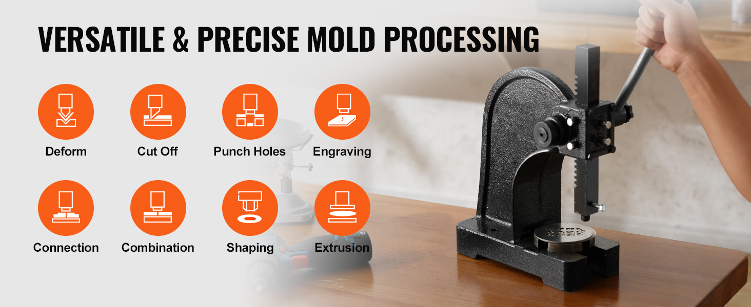 VEVOR arbor press for versatile and precise mold processing with options for deform, cut, punch, and more.