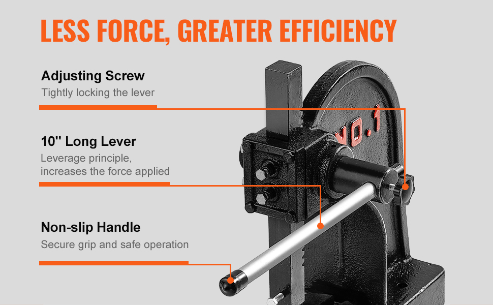 VEVOR arbor press with adjusting screw, 10" long lever, and non-slip handle for efficient operation.
