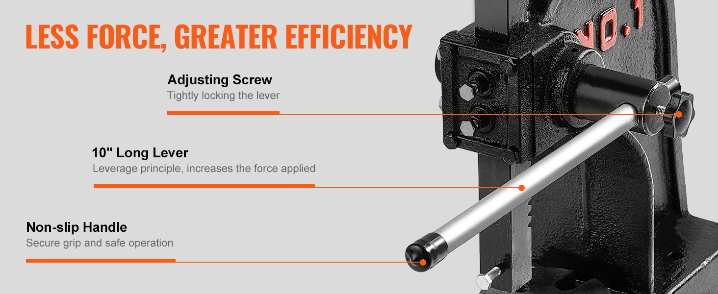 VEVOR arbor press with adjusting screw, 10" long lever, and non-slip handle for efficient operation.