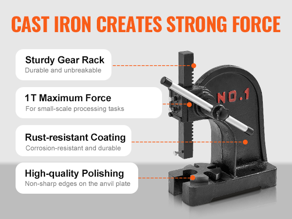 VEVOR arbor press with 1t force, sturdy gear rack, rust-resistant coating, and high-quality polishing.