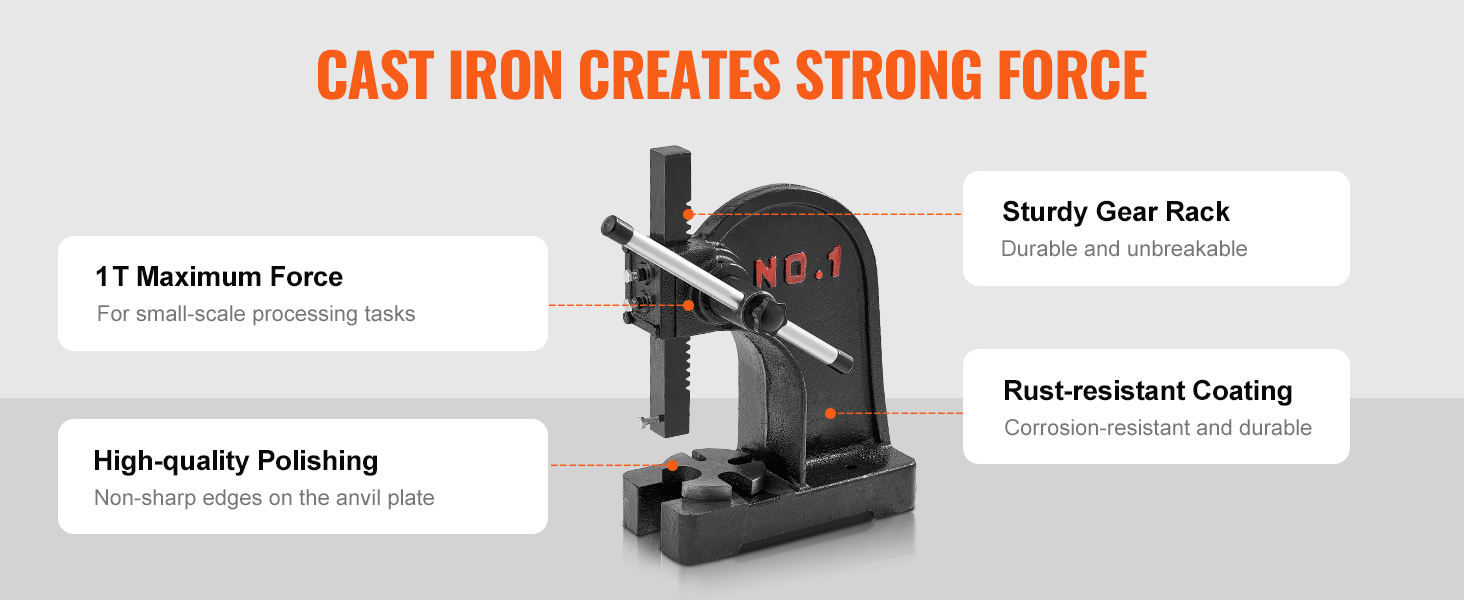 VEVOR arbor press with 1t force, sturdy gear rack, rust-resistant coating, and high-quality polishing.