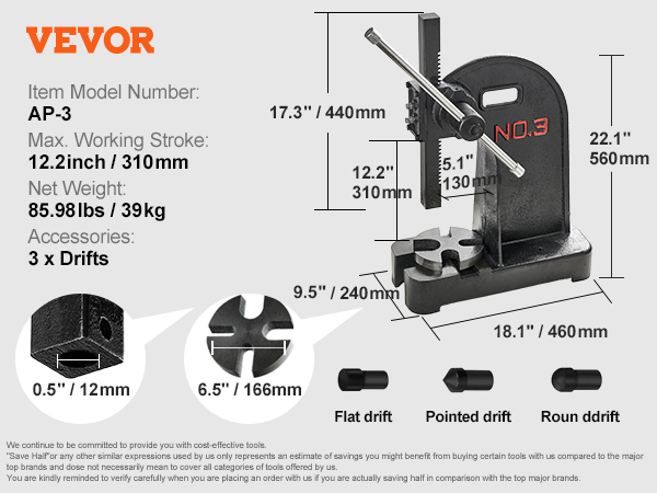 VEVOR ap-3 arbor press with 12.2" stroke, 85.98 lbs weight, and 3 drifts.