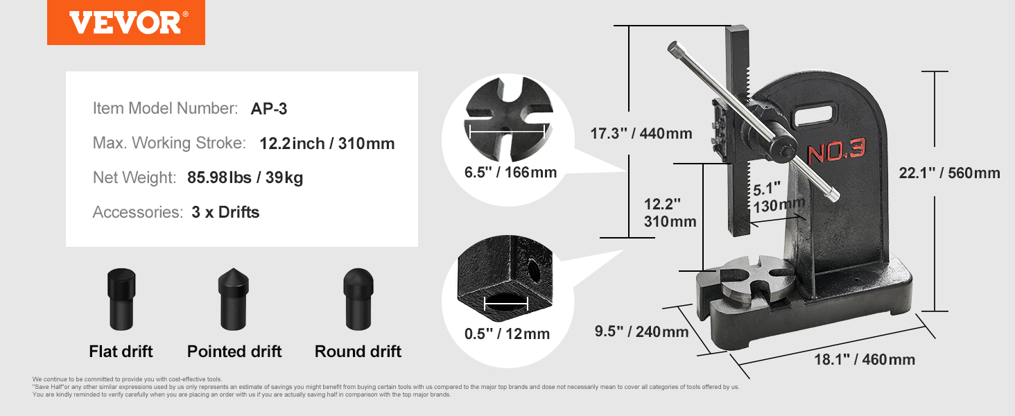 VEVOR ap-3 arbor press with 12.2" stroke, 85.98 lbs weight, and 3 drifts.