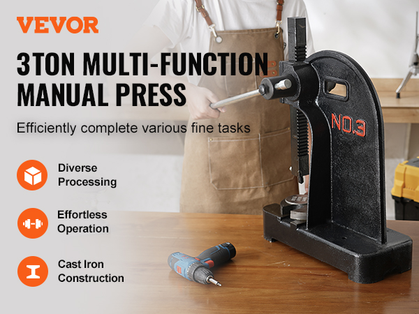 VEVOR arbor press: 3-ton multi-function manual press showcasing diverse processing and cast iron construction.