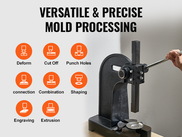 VEVOR arbor press: versatile mold processing for deforming, cutting off, punching holes, engraving, and more.