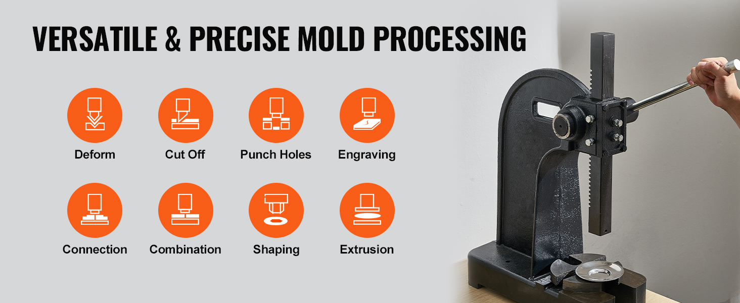 VEVOR arbor press: versatile mold processing for deforming, cutting off, punching holes, engraving, and more.