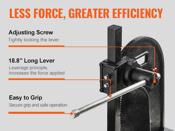 less force, greater efficiency, VEVOR arbor press with 18.8" lever, secure grip, and adjusting screw.