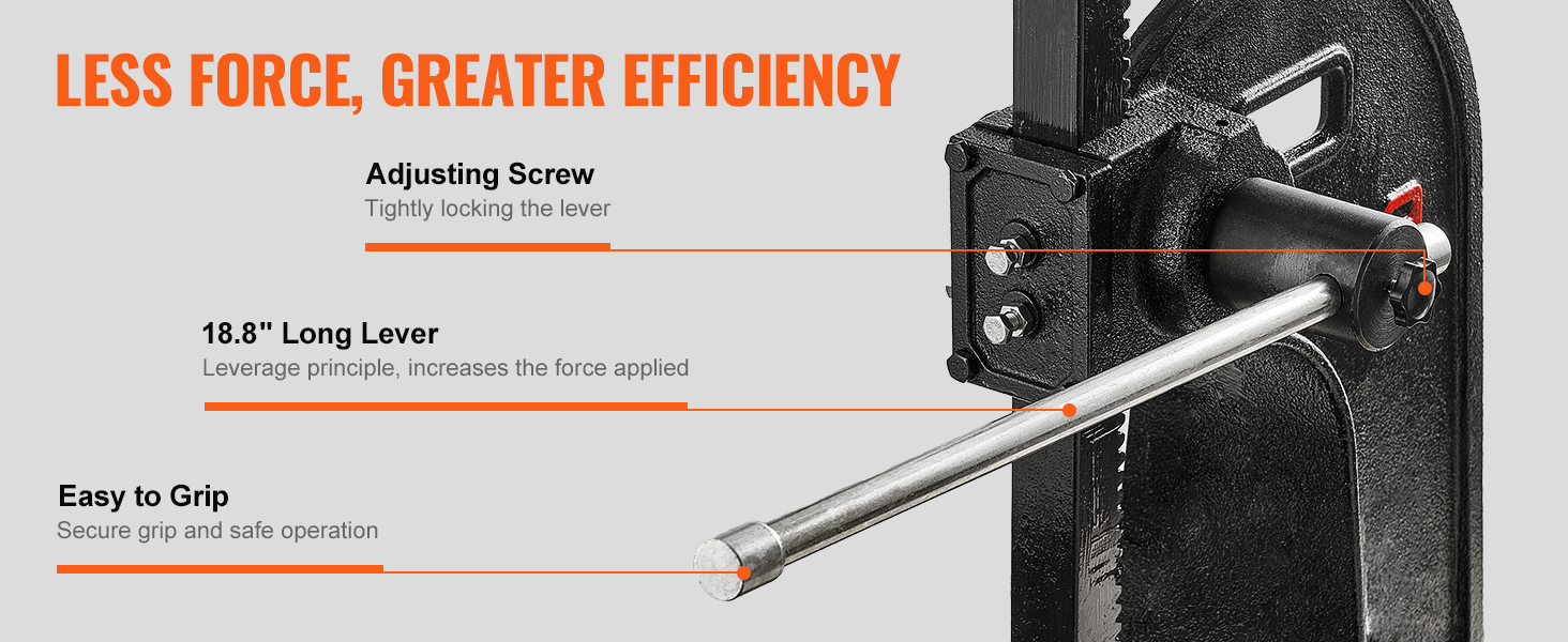 less force, greater efficiency, VEVOR arbor press with 18.8" lever, secure grip, and adjusting screw.