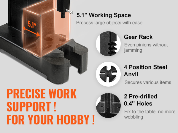 VEVOR arbor press with 5.1" working space, gear rack, 4 position steel anvil, and pre-drilled holes.