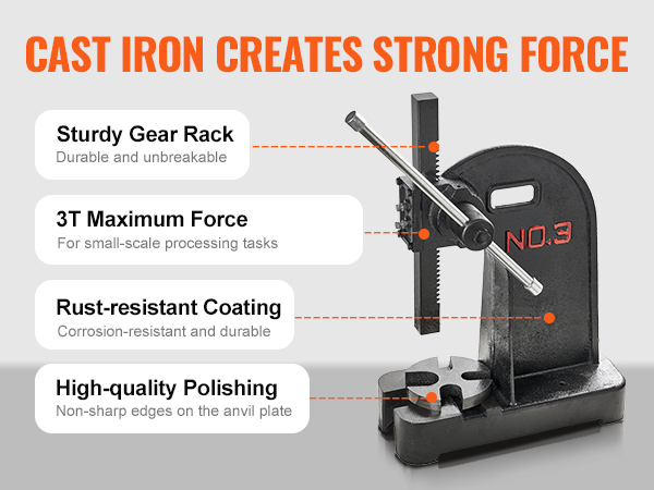 VEVOR arbor press features cast iron, 3t maximum force, sturdy gear rack, high-quality polishing, and rust-resistant coating.