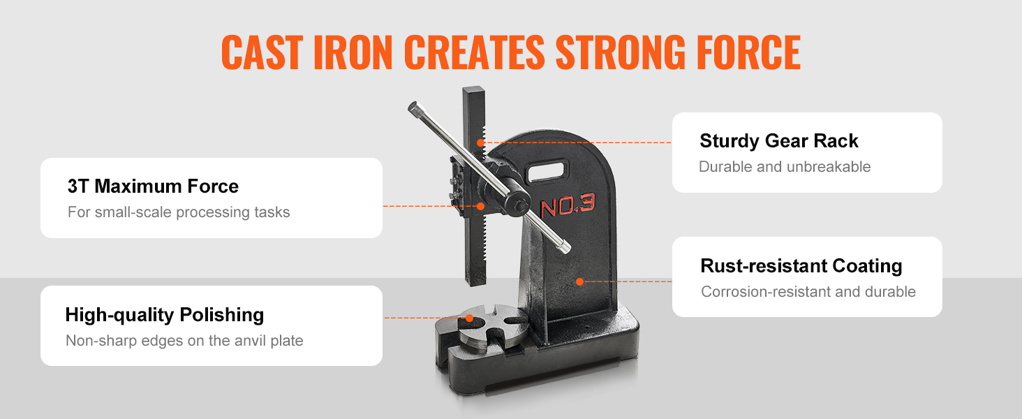 VEVOR arbor press features cast iron, 3t maximum force, sturdy gear rack, high-quality polishing, and rust-resistant coating.
