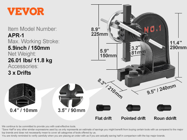 VEVOR arbor press apr-1 with drifts, 5.9-inch stroke, 26.01 lbs weight, and dimensions displayed.