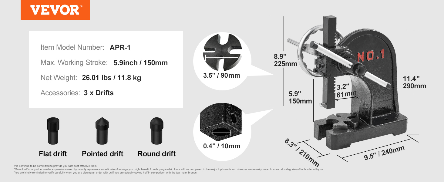 VEVOR arbor press apr-1 with drifts, 5.9-inch stroke, 26.01 lbs weight, and dimensions displayed.